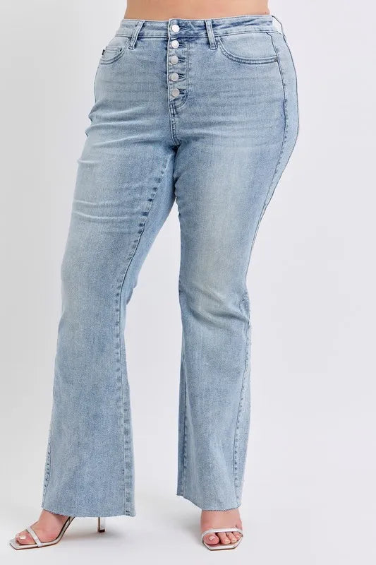 Judy Blue Women's Mid Rise Rhinestone Side Panel Flare Jeans - Stylish Stretch Denim Pants for Casual Wear & Night Out