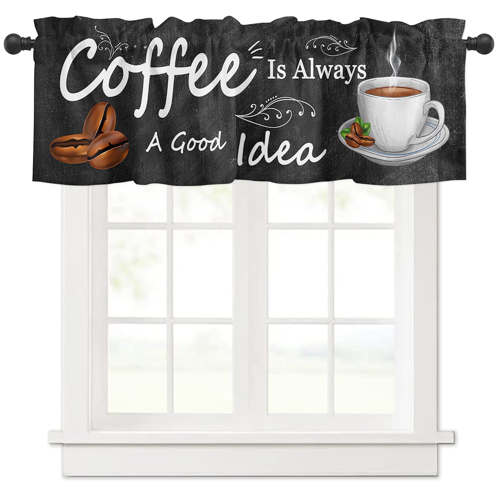 Coffee Themed Farmhouse Style Window Valance Curtain - Rod Pocket Design for Living Room, Kitchen, Bathroom - Soft & Washable Small Window Treatment (1 Panel, 54x18 Inches) - Perfect for Cozy Home Decor and Rustic Interior Design