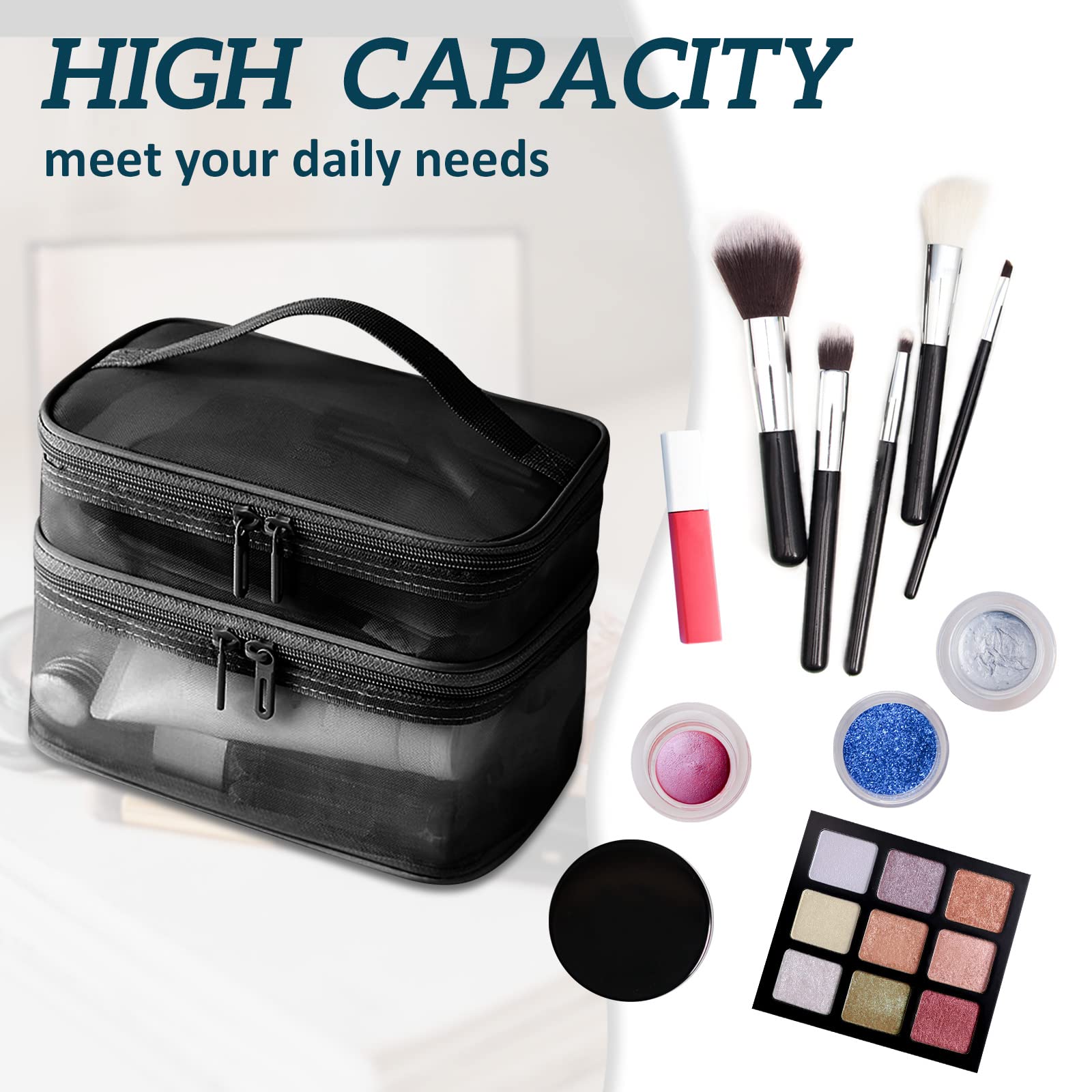Double Layer Makeup Bag - Large Mesh Travel Cosmetic Pouch with Double Zipper, Waterproof Toiletry Organizer for Makeup Brushes & Essentials (Black) | Perfect for Travel, Gym & Daily Use