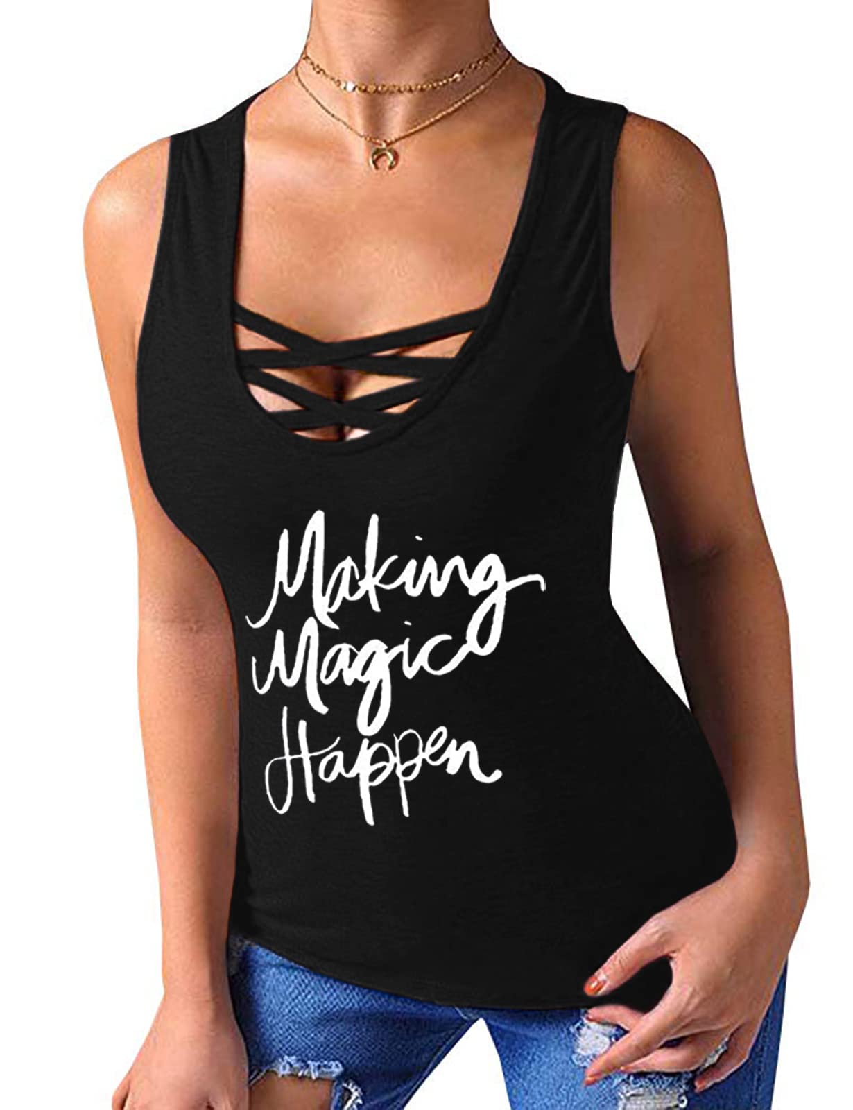 Sarin Mathews Women's Tank Tops - Summer Sleeveless Criss Cross Casual Basic Tee Shirts & Blouses for Workout, Beach, and Everyday Wear