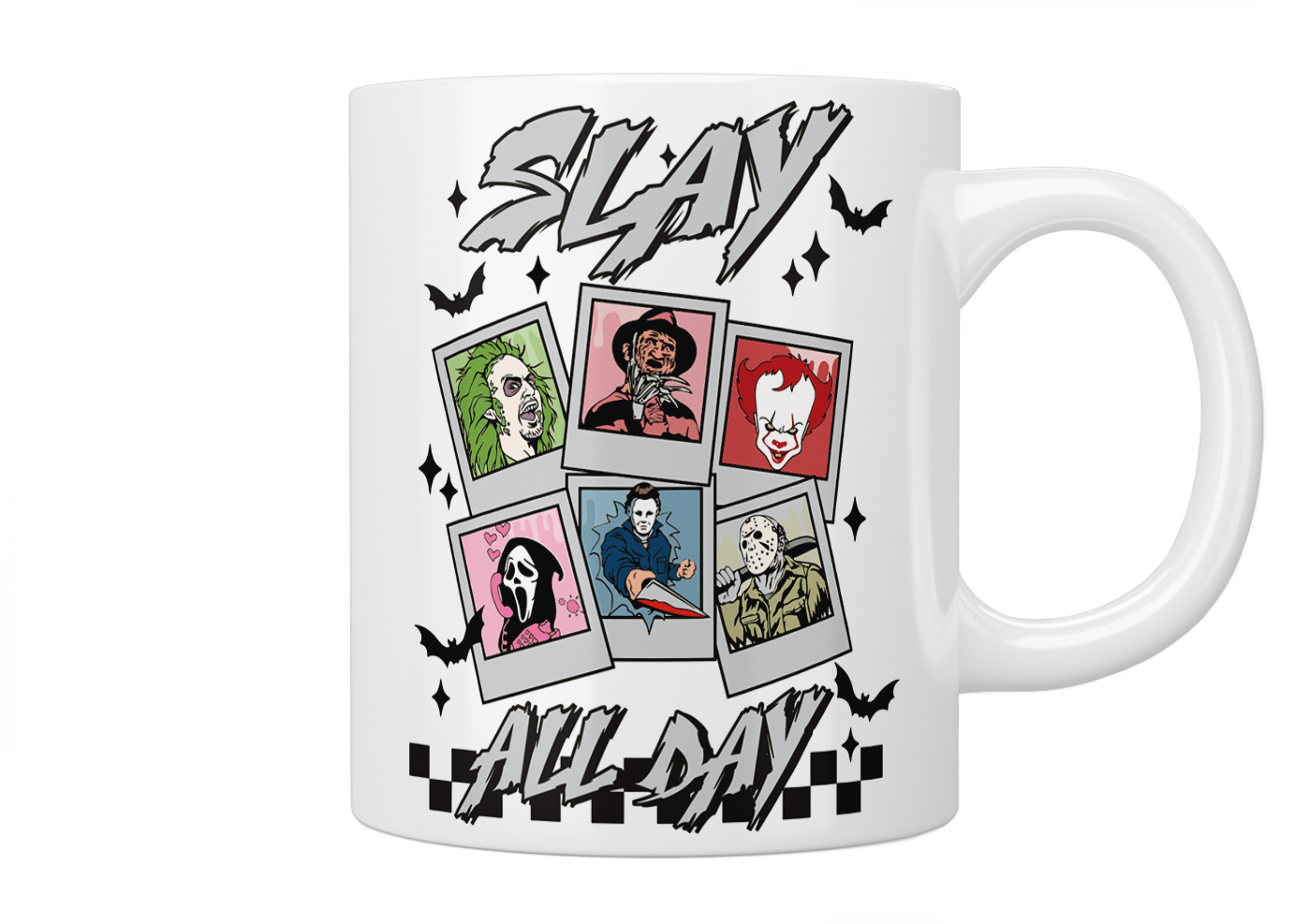 Horror Slasher Villain Slay All Day Coffee Mug - Perfect for Halloween, Horror Movie Nights & Gifts for Horror Fans