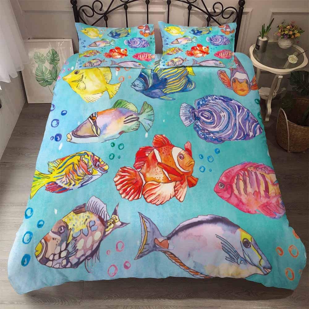YZBEDSET Multicolor Fish & Sea Animal Print Duvet Cover Set - Queen, Full, Twin Sizes | Soft Comforter & Pillowcase Bedding Set | 203x228cm | Perfect for Kids' Rooms, Beach Themed Decor & Ocean Lover Gifts