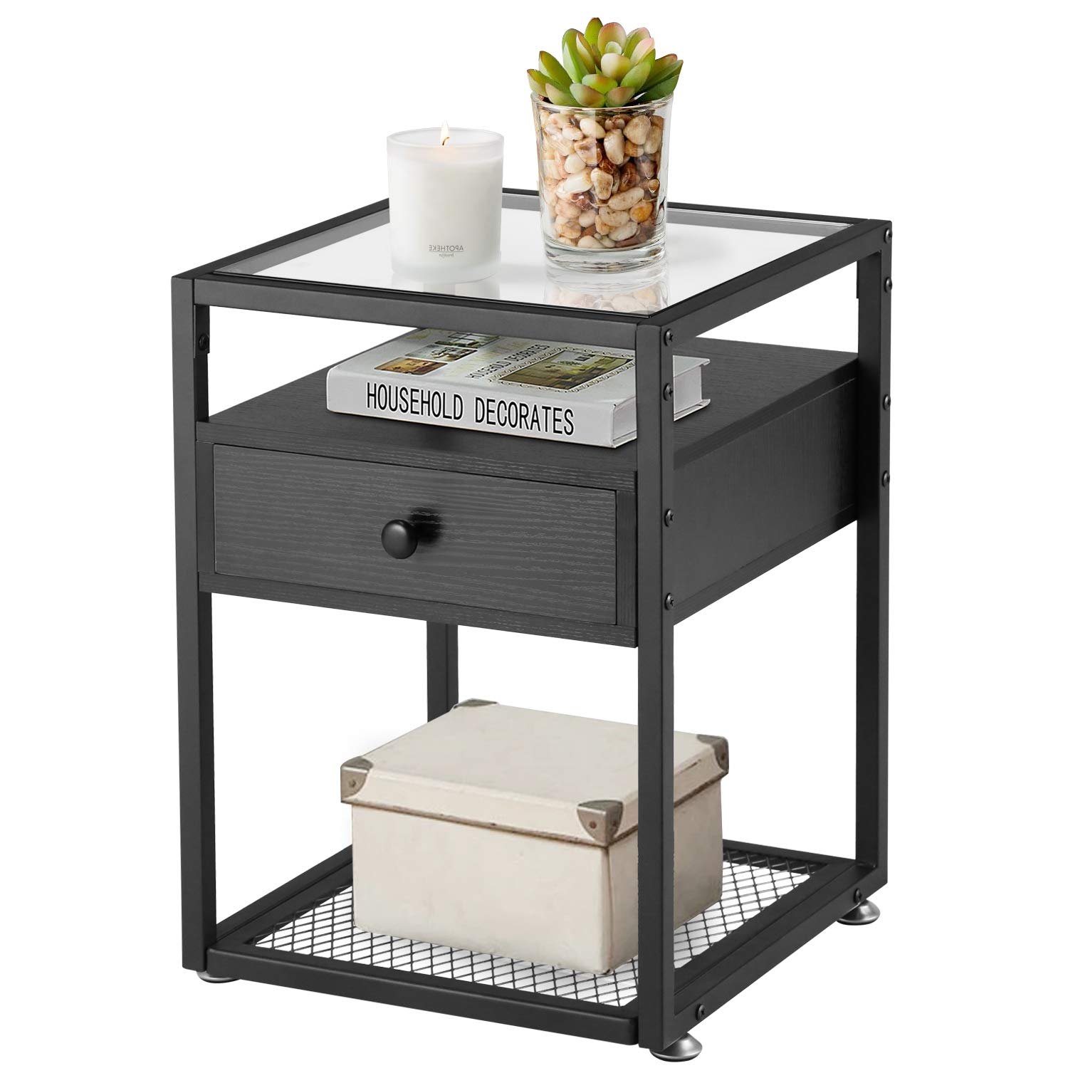 VECELO Modern Nightstand with Glass Top, Black End Table with Drawer & Sturdy Metal Frame - Perfect for Bedroom, Living Room, Lounge, Office & Dorm Room Decor