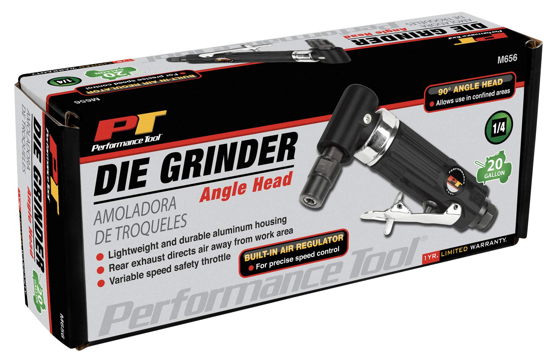 Performance Tool M656 1/4-Inch Angle Head Die Grinder - Professional Rotary Tool for Metalworking, Wood Carving & DIY Projects - Perfect for Automotive Repair, Welding & Crafting