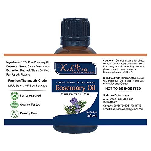 Kshirsa Botanicals 100% Pure Rosemary Essential Oil for Hair Growth, Skin & Body Care - Natural Therapeutic Grade (30ml) | Aromatherapy, Massage & DIY Beauty Recipes