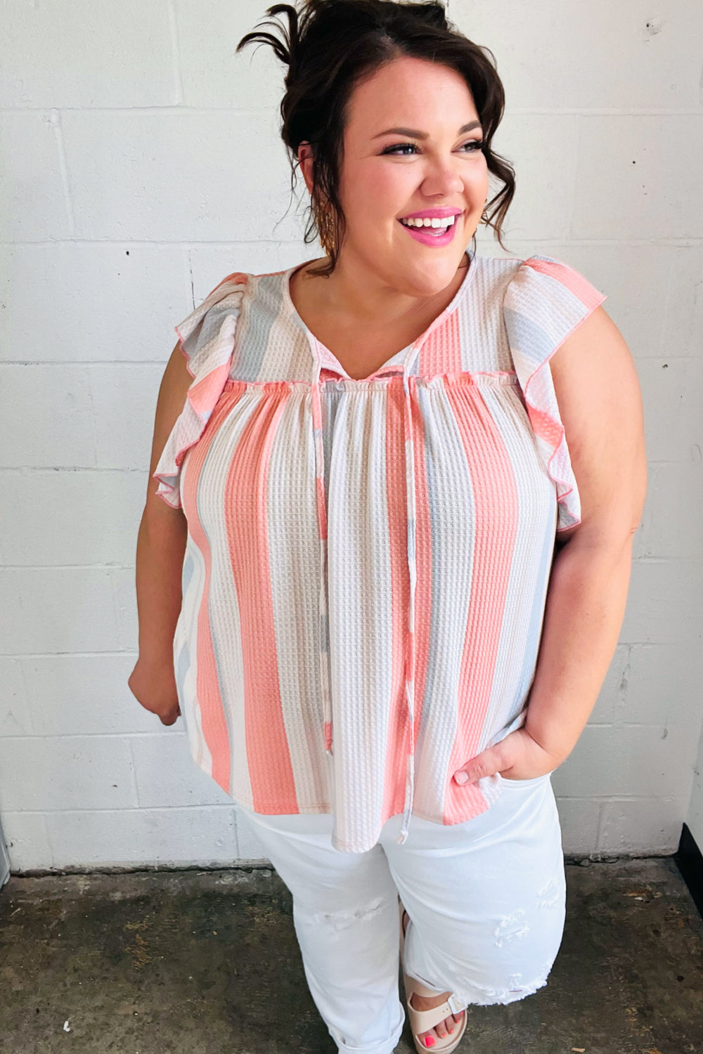 Coral & Light Blue Striped Waffle Knit Tie Neck Blouse - Women's Casual Summer Tops for Beach, Vacation & Date Night Outfits