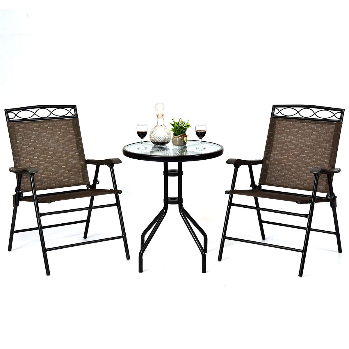 Giantex 3-Piece Outdoor Patio Dining Set with Round Tempered Glass Table & 2 Folding Chairs - Brown - Perfect for Garden, Poolside, Backyard & Balcony Use - Includes Umbrella Hole for Shade