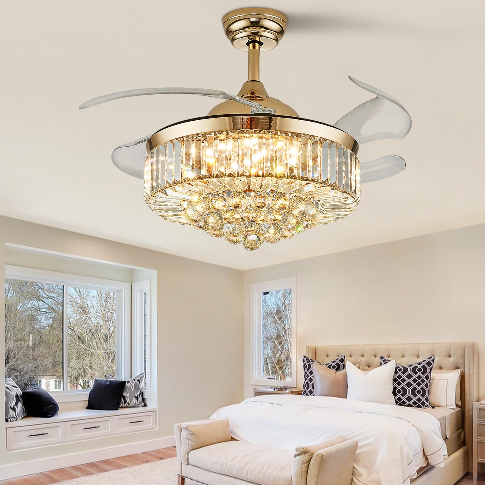 Modern Crystal Ceiling Fan with Lights & Remote - 42