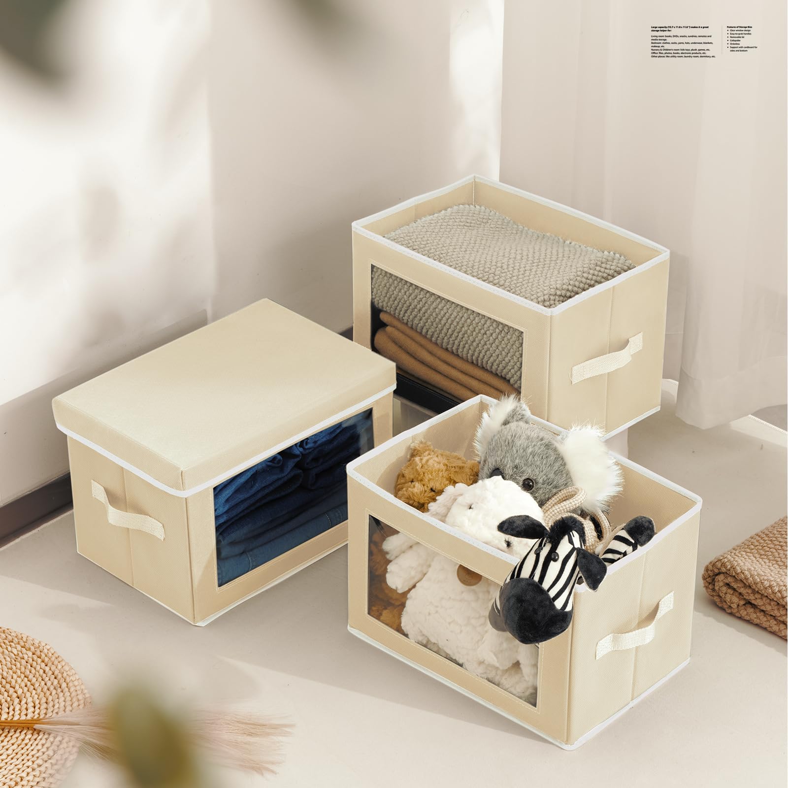 Fabric Storage Bins with Lids - 3 Pack Beige Organizers for Home & Office Closet