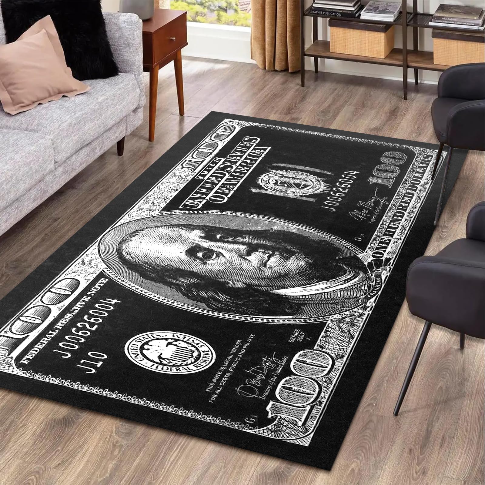 4x6 Non-Slip Dollar Bill Area Rug - Black & White Money Design Washable Carpet for Living Room, Bedroom, Office & Dining Room | Modern Decor for Men's Space (47x71 Inches) | Perfect for Home Decor, Gifts & Themed Parties