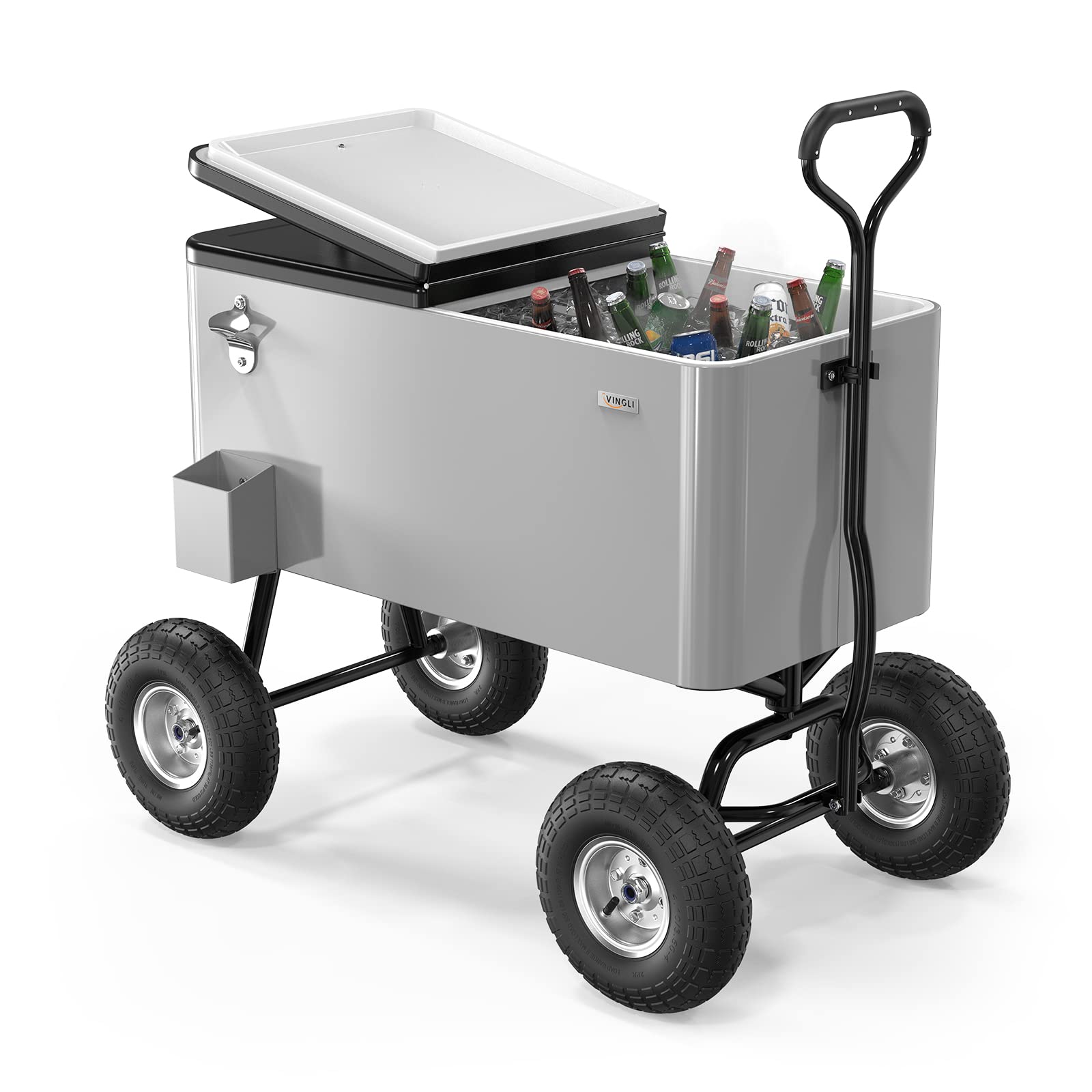 VINGLI 80 Quart Rolling Cooler with Wheels - Portable Ice Chest for Beach, Camping, Tailgating & Outdoor Parties - Heavy Duty Wagon Cooler with Long Handle & 10