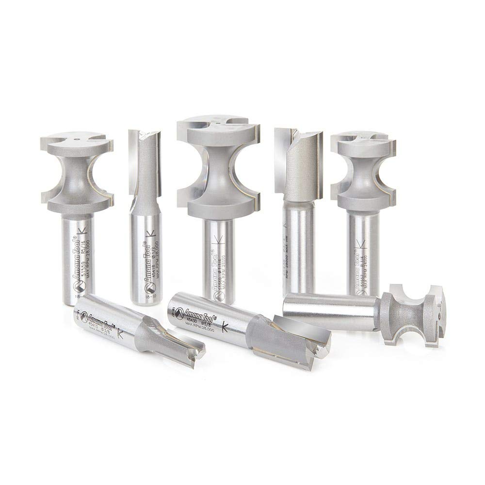 Amana Tool AMS-407 8-Piece Carbide Tipped Straight & Bullnose Router Bit Set - 1/2 Inch Shank for Woodworking, Cabinetry & DIY Projects