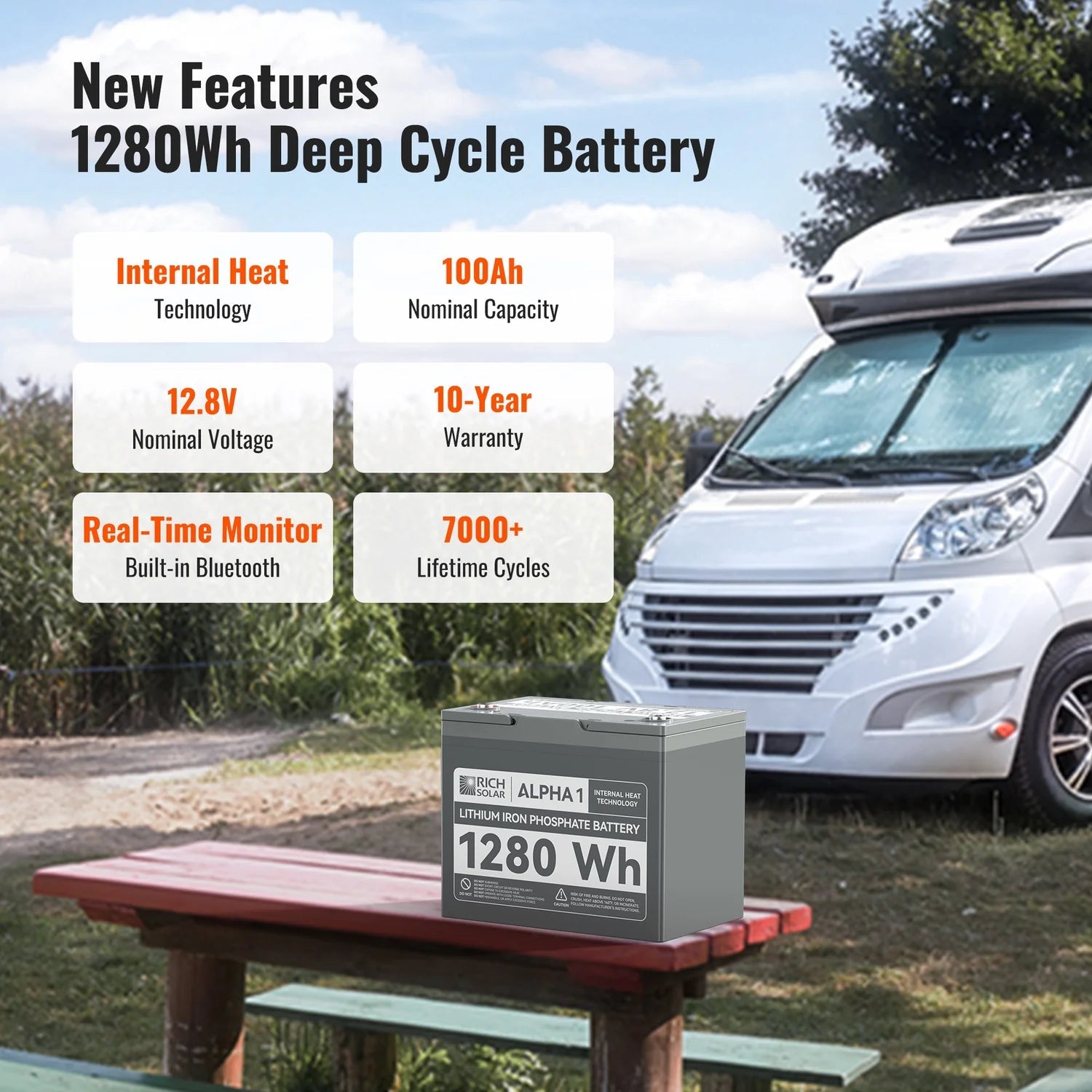 Rich Solar 12V 100Ah LiFePO4 Lithium Iron Phosphate Deep Cycle Battery with Built-in Heating & Bluetooth - Perfect for Solar Power Systems, RVs, Marine & Off-Grid Applications