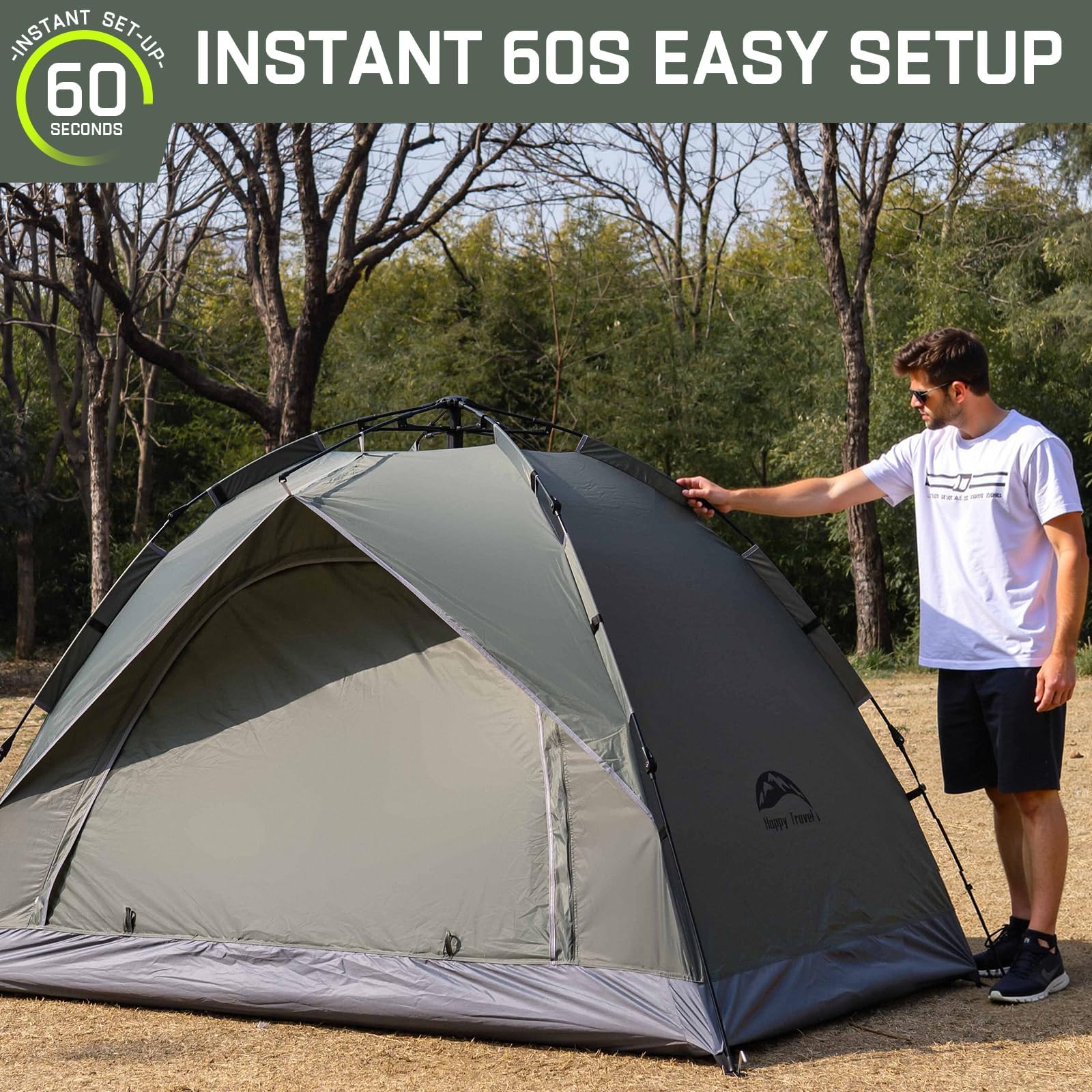 Happy Travel 1/2/3/4 Person Instant Pop Up Camping Tent - Waterproof, Windproof & Easy Setup Dome Tent for Family Camping, Hiking, Backpacking & Outdoor Adventures - Perfect for Beach, Picnics & Festivals