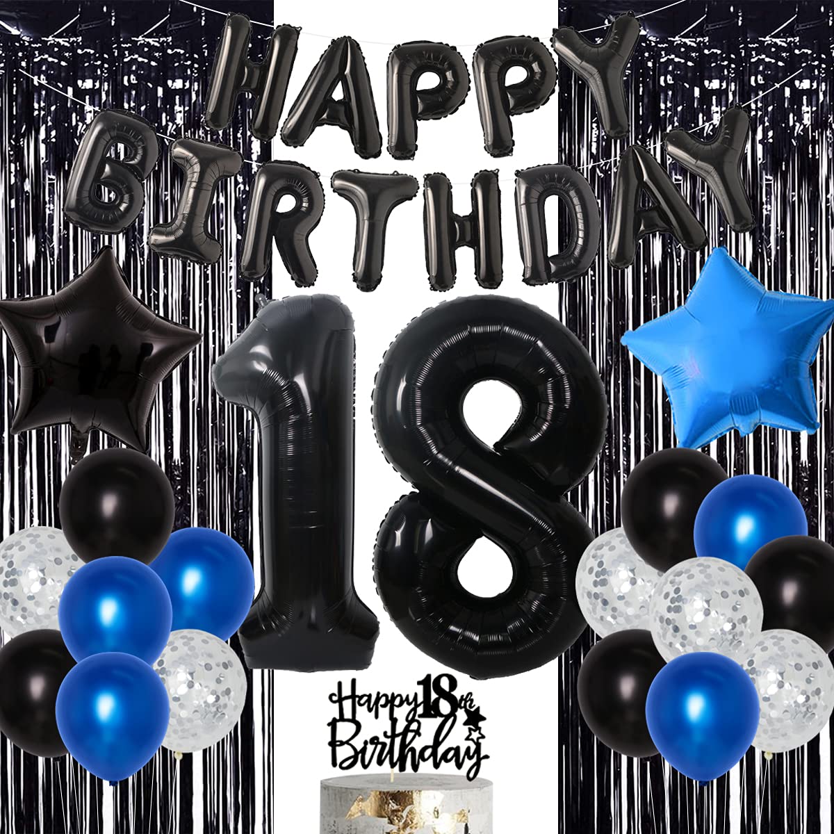 Blue & Black 18th Birthday Party Decorations Kit - Happy Birthday Balloons, Foil Curtain, Cake Topper for Boys & Girls - Perfect for Milestone Birthday Celebrations & Sweet 16 Parties