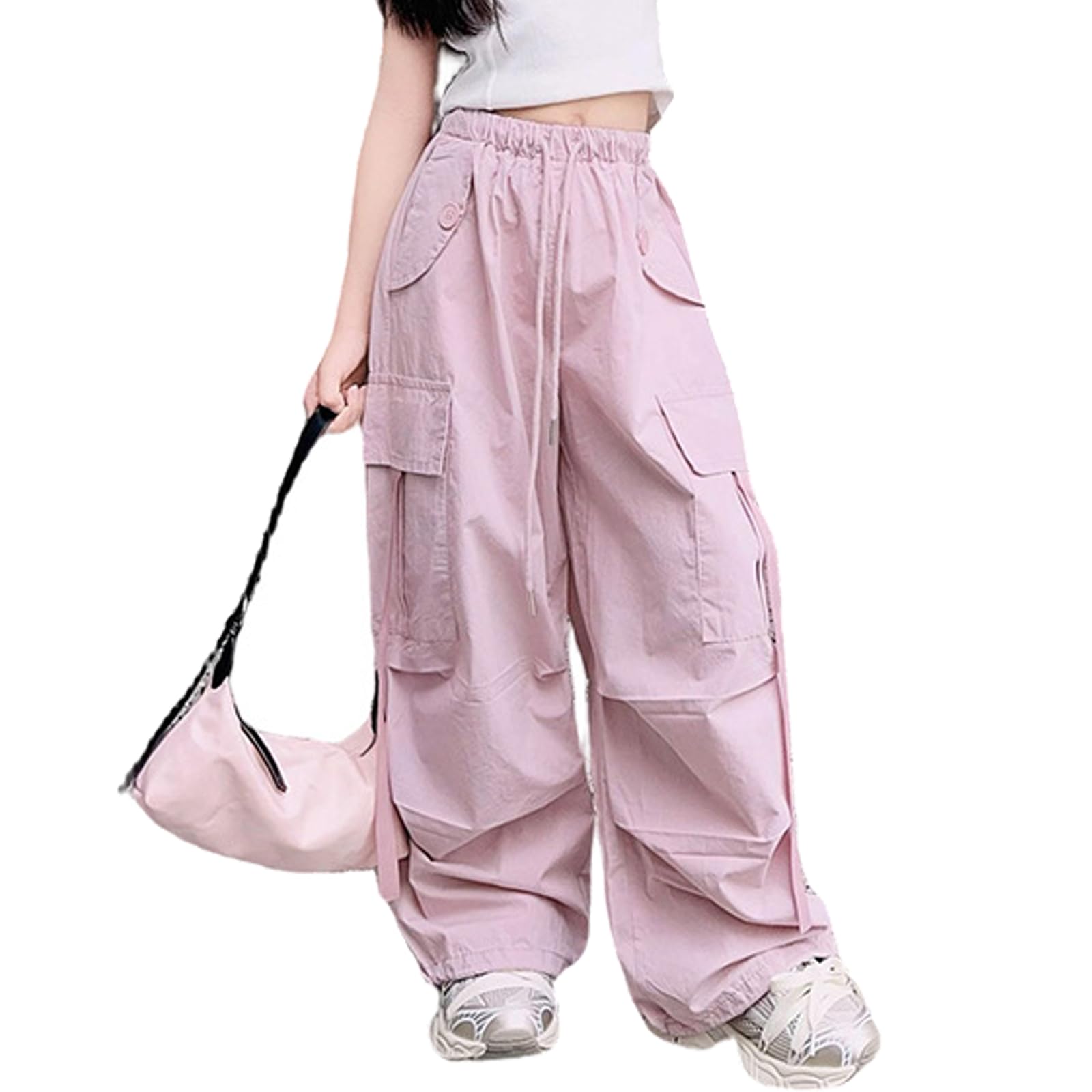 Girls Parachute Pants - Y2K Cargo Trousers with Elastic Waist & Wide Leg | Trendy Track Pants for Kids Ages 5-14 | Perfect for School, Streetwear & Casual Outfits