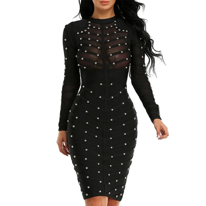 Sexy Black Long Sleeve Mesh Rivet Bodycon Bandage Midi Dress for Women - Perfect for Evening Parties, Nightclub Outfits & Special Celebrations
