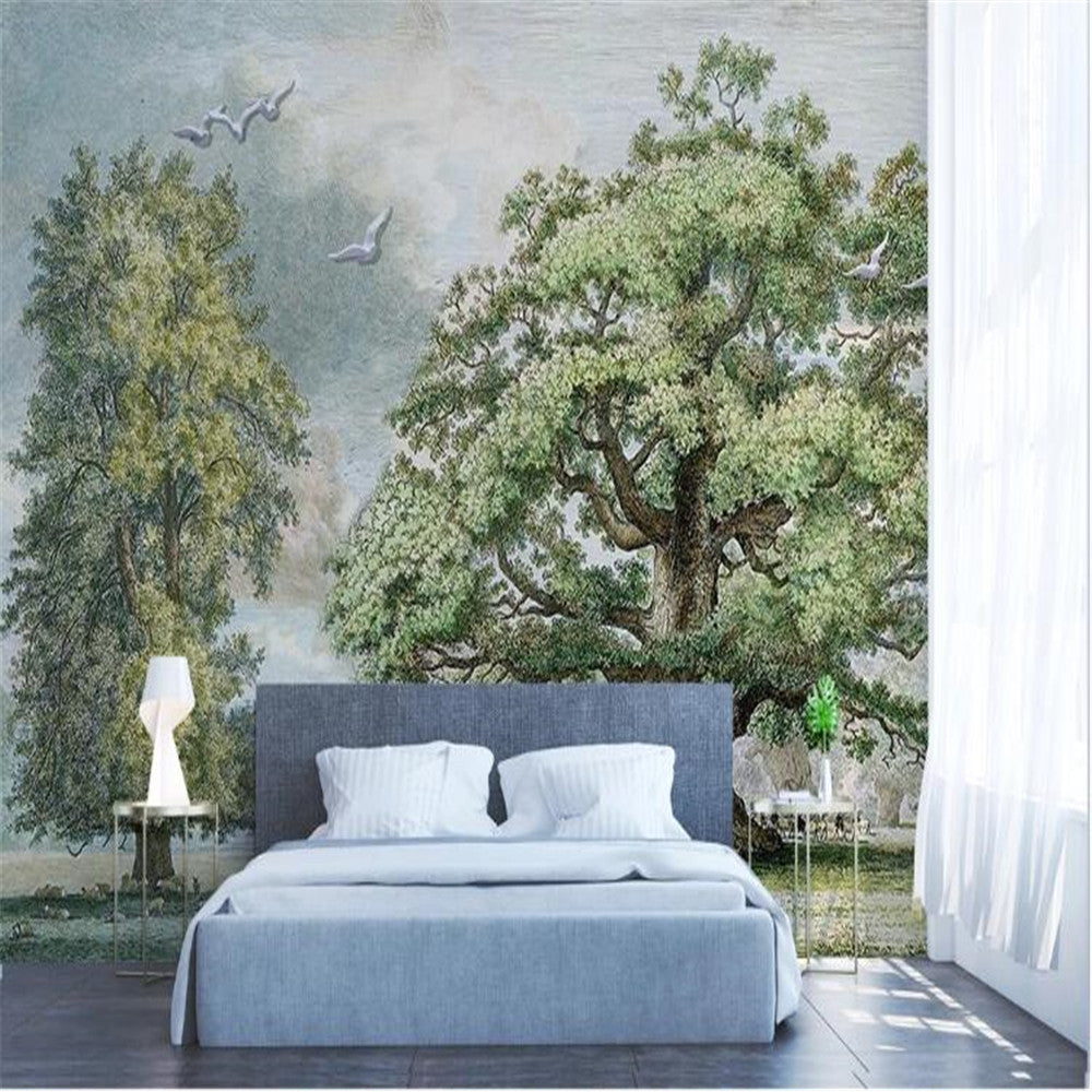 Evergreen Bliss: Bright & Vibrant Tree Scenery Wallpaper for Living Room, Bedroom & Office Decor | Nature-Inspired Peel & Stick Wall Mural