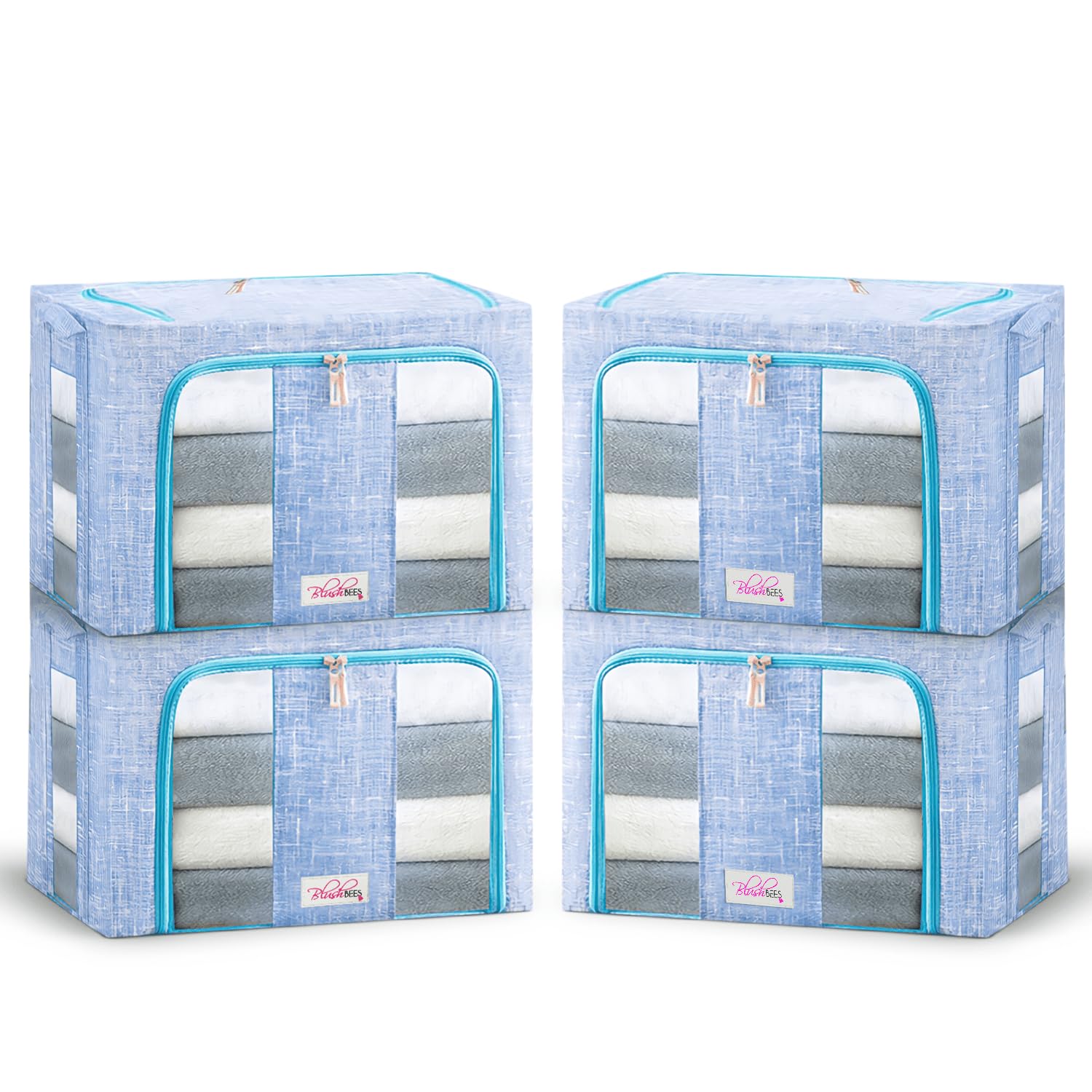 BlushBees® 4-Pack Large Collapsible Storage Boxes with Metal Supports - 20×16×15 Inch Oxford Fabric Organizers for Clothes, Quilts & Linens | Perfect for Closet, Bedroom & Home Organization