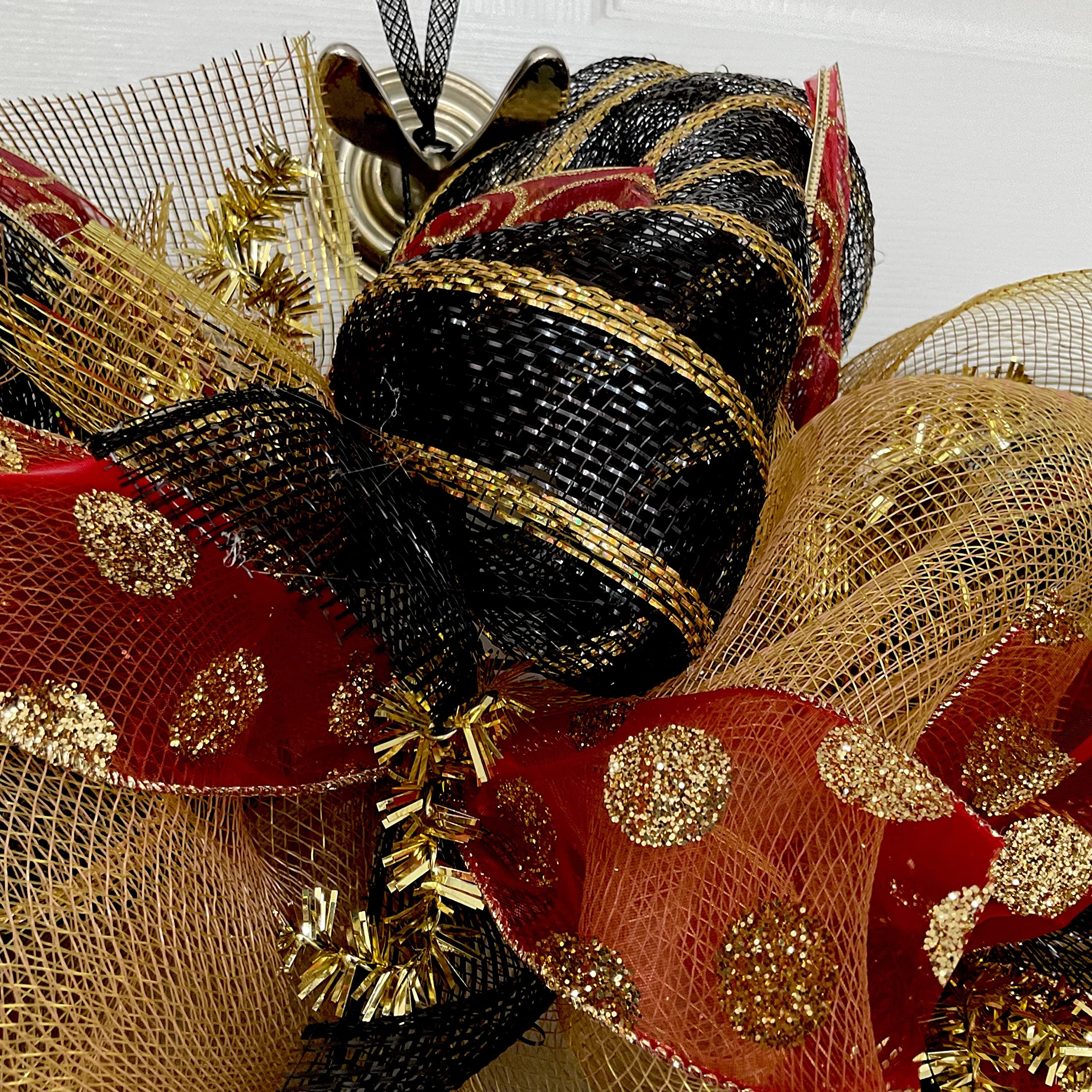 Handmade Black and Gold Deco Mesh Wreath for Christmas Decorations - Perfect for Front Door, Holiday Parties & Festive Home Decor