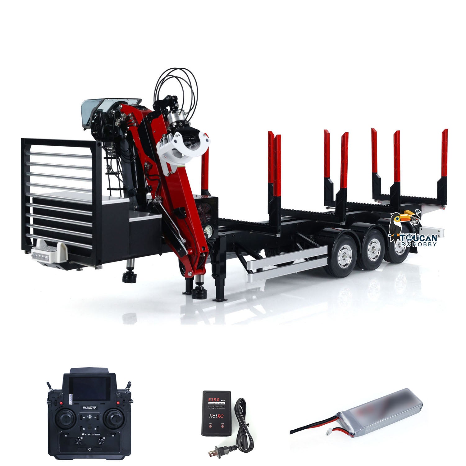 1/14 Scale Custom Hydraulic Metal RC Logging Crane Trailer - Painted & Assembled with LED Light System (99x40x20cm) - Perfect for RC Construction & Logging Simulation, Heavy Duty Hauling & Off-Road Scenarios