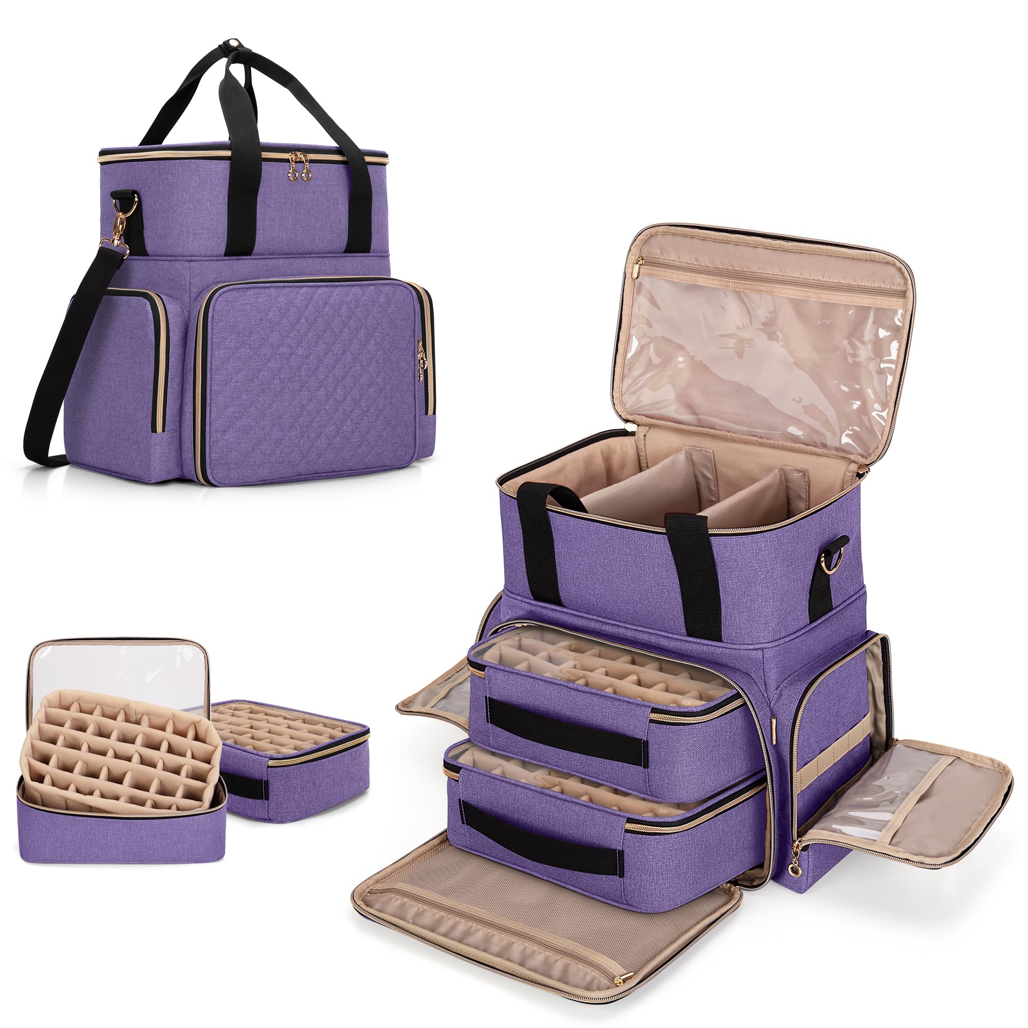 LUXJA Nail Polish Organizer Case Holds 70 Bottles & UV/LED Lamp - Portable Nail Art Storage with 2 Removable Bags & Tool Pockets - Perfect for Salon Professionals & Home Manicures (Purple)