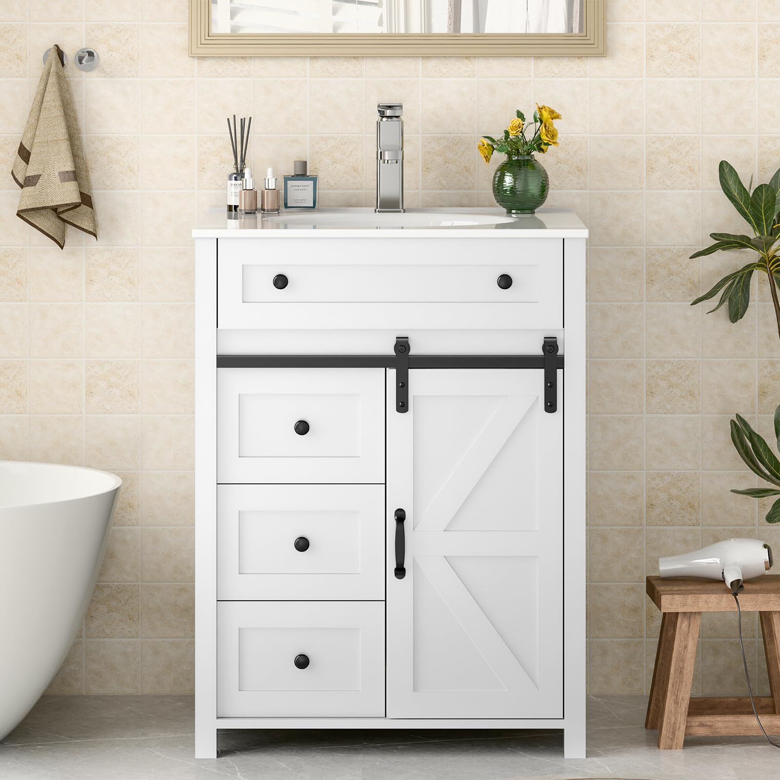 Vabches 48 Inch White Bathroom Vanity with Sink & Matte Silver Faucet - Freestanding Storage Cabinet with 4 Drawers & Sliding Door - Undermount Ceramic Sink for Modern Bathroom Remodel (Perfect for Master Bath, Guest Bath & Small Space Solutions)