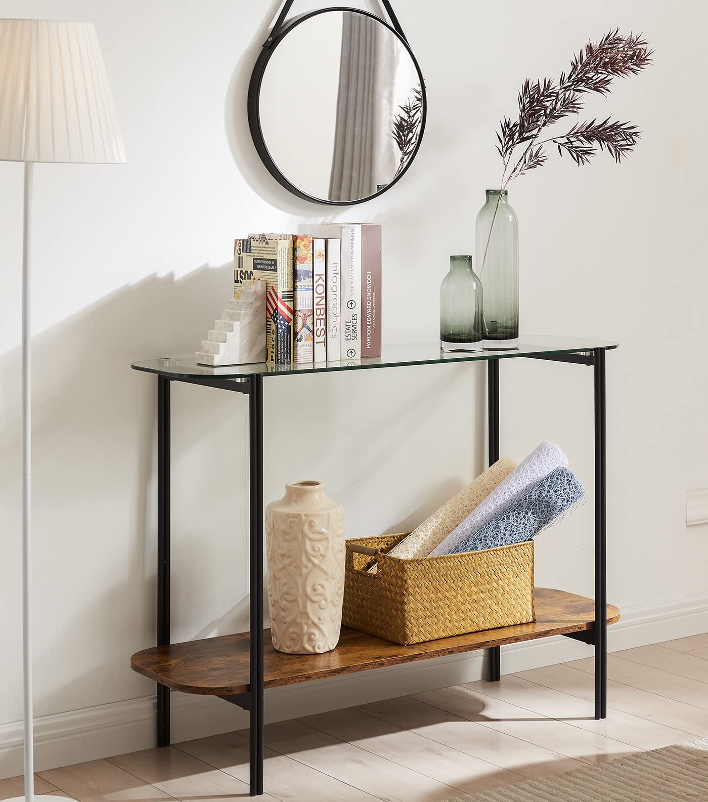 Modern Glass Entryway Console Table with Shelf - 2-Tier Small Sofa Table for Hallway, Living Room & Foyer - Sturdy Metal Frame with Rounded Curve Design - Easy Assembly in Brown & Black - Perfect for Small Spaces, Apartment Decor & Home Organization