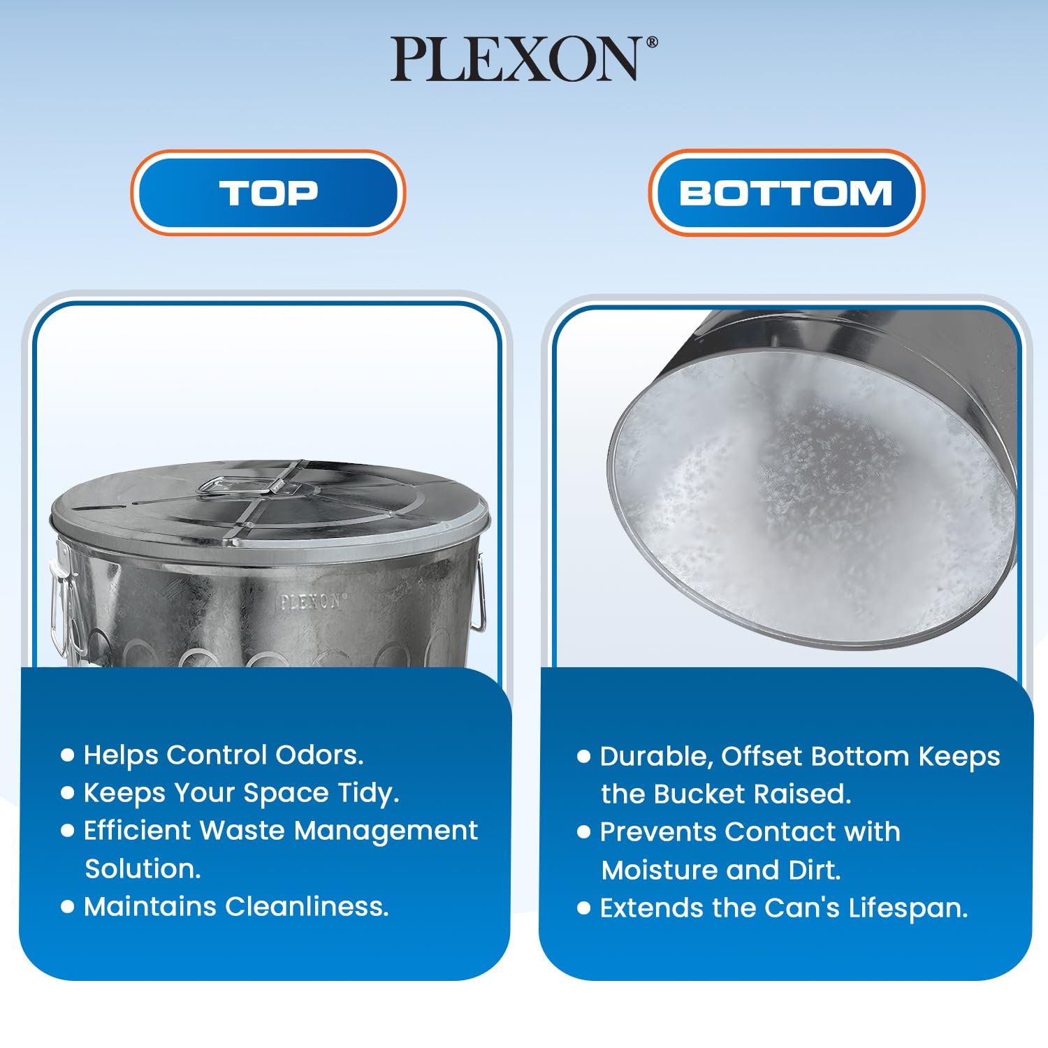 Plexon 20 Gallon Outdoor Metal Trash Can with Lid - Durable Galvanized Steel Garbage Bin for Patio, Yard & Garden Waste Disposal