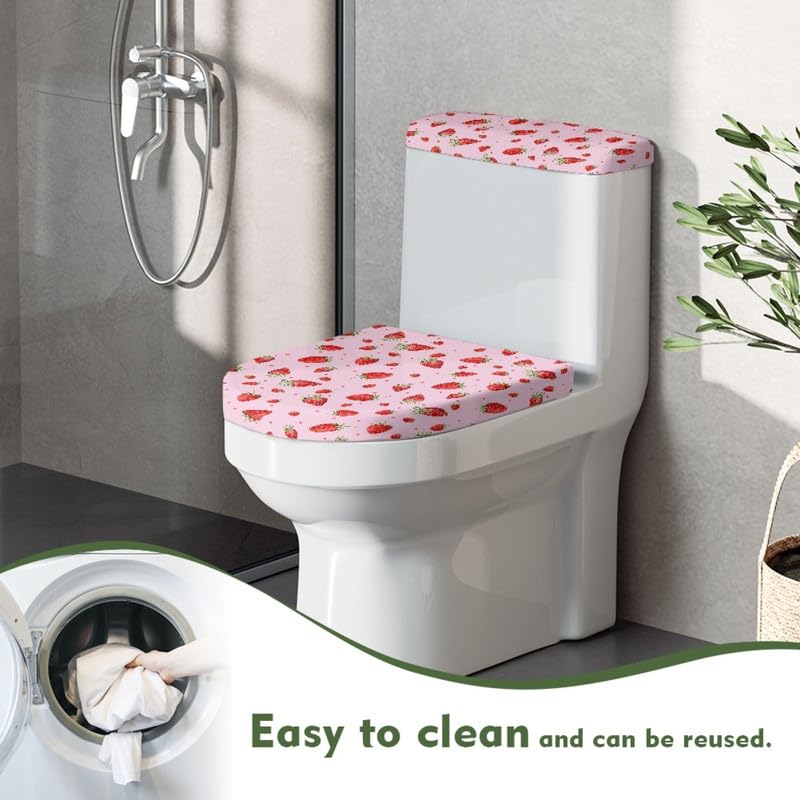 2-Pack Pink Strawberry Toilet Seat Covers - Cute Cartoon Fruit Design with Elastic Edge, Machine Washable Bathroom Accessories for Home Decor | Perfect for Kids' Bathrooms, Farmhouse Style Decor & Berry-Themed Home Accessories