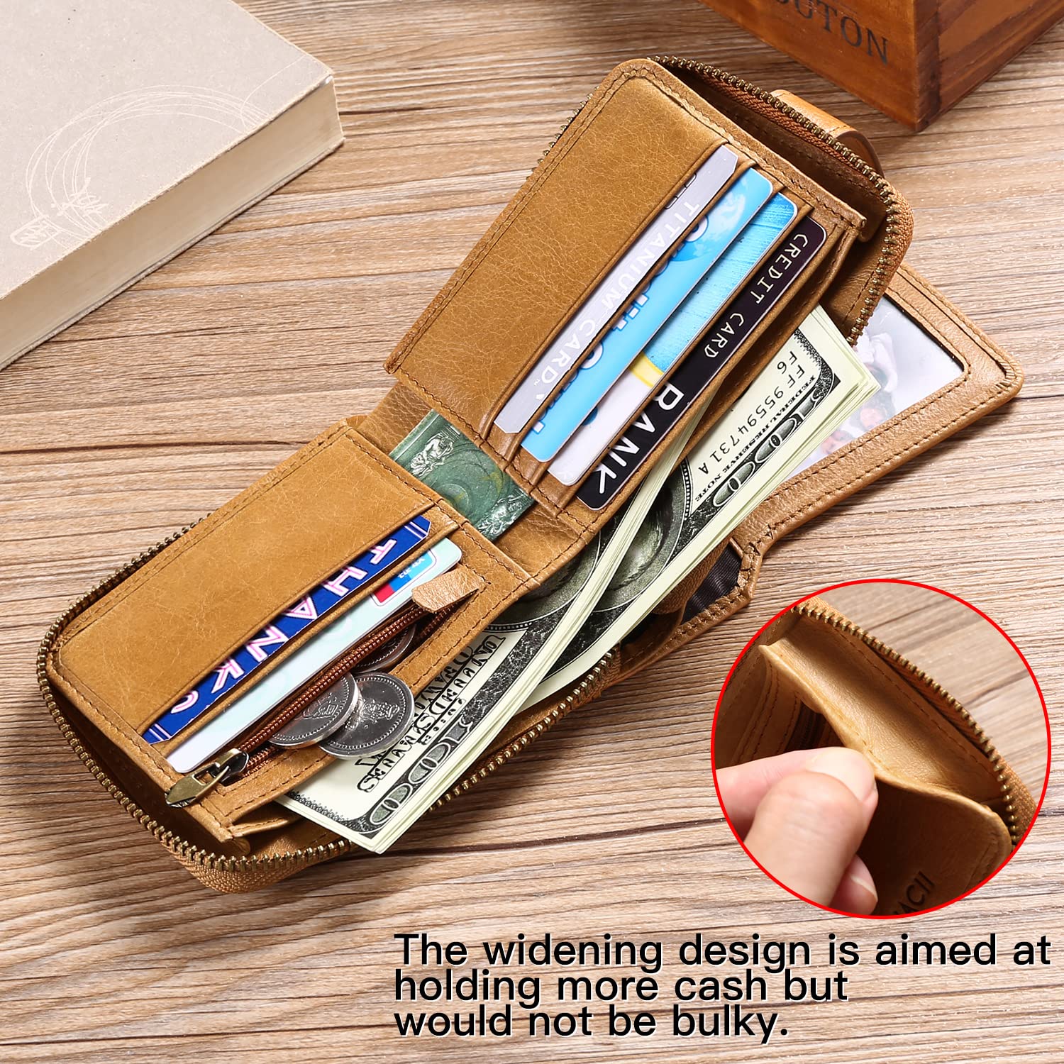 GOIACII Genuine Leather RFID Blocking Zipper Wallet for Men - Large Capacity with Coin Pocket & ID Window - Perfect for Travel, Business & Everyday Use