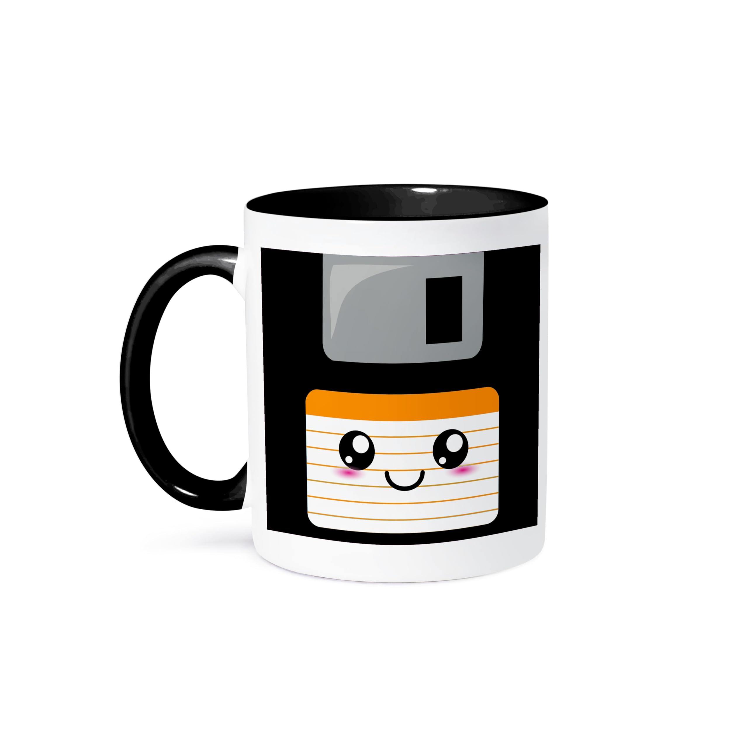 Kawaii Cute Happy Floppy Disk Retro Computer Japanese Anime Smiling Cartoon Orange Label Two Tone Black Mug 11 oz - Perfect for Office Use, Gift Giving & Anime Lovers Collection