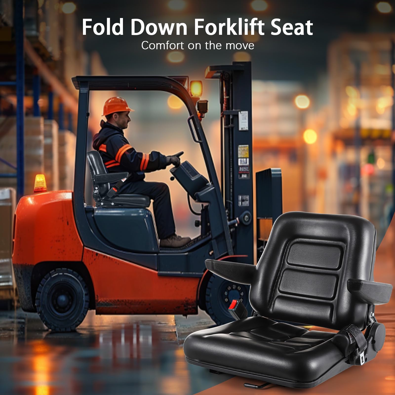 Universal Forklift Seat - Adjustable Folding Tractor Seat with Backrest & Armrest | Heavy-Duty Replacement Seat for Forklifts, Excavators, Skid Steers, Backhoes, Dozers & Telehandlers | Ideal for Construction, Agriculture & Industrial Equipment