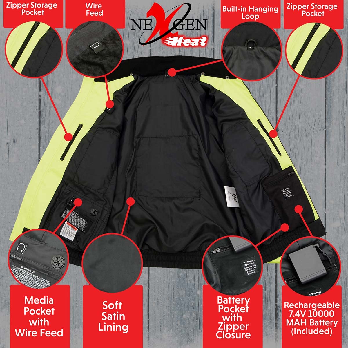 Nexgen Heat Men's High Visibility Green Heated Jacket with Front & Back Heating Elements - Includes Rechargeable Battery Pack for Outdoor Work & Winter Sports