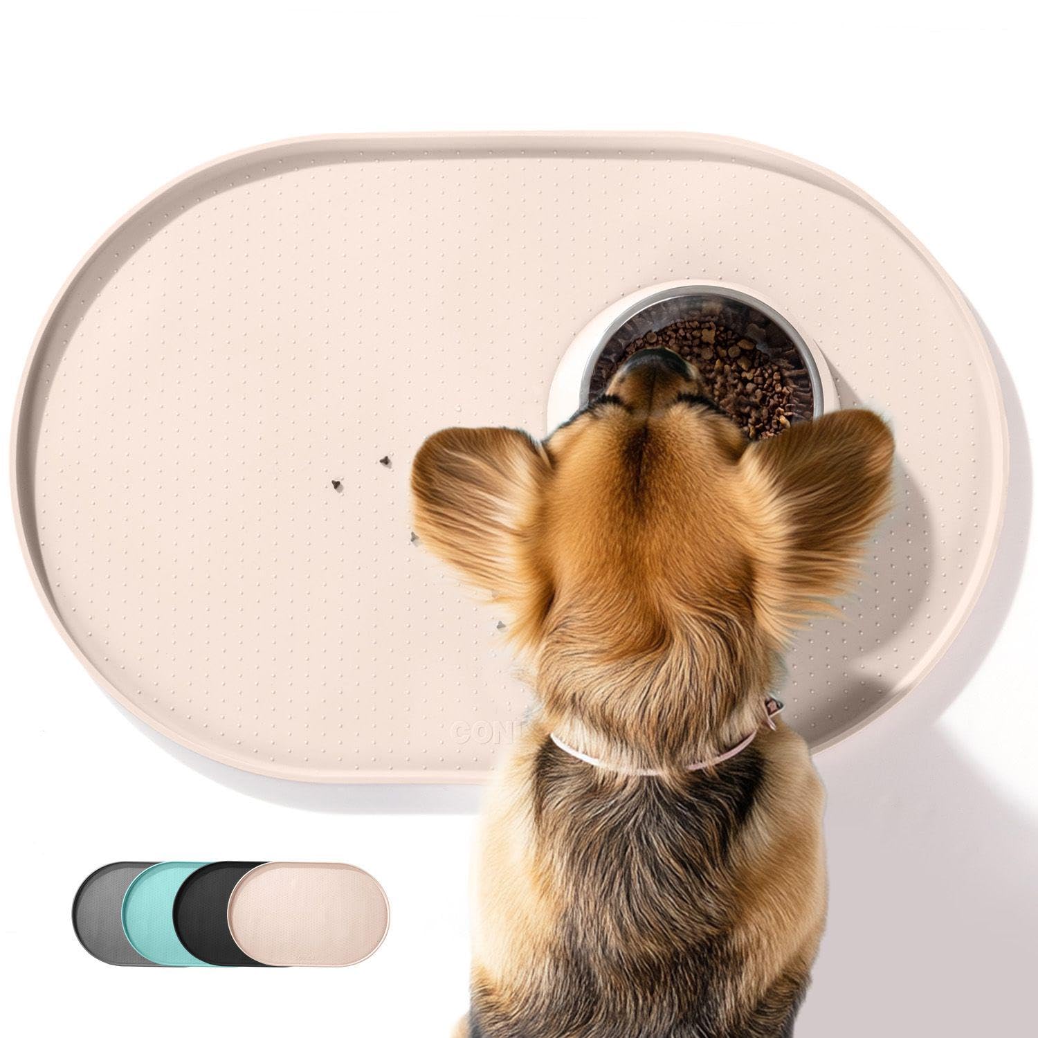 Premium Silicone Pet Food Mat with 1.2cm Raised Edges - Non-Slip Waterproof Dog & Cat Feeding Mat for Spill Containment (Beige, 48x30cm) - BPA-Free, Easy to Clean for Kitchen, Crate or Outdoor Use