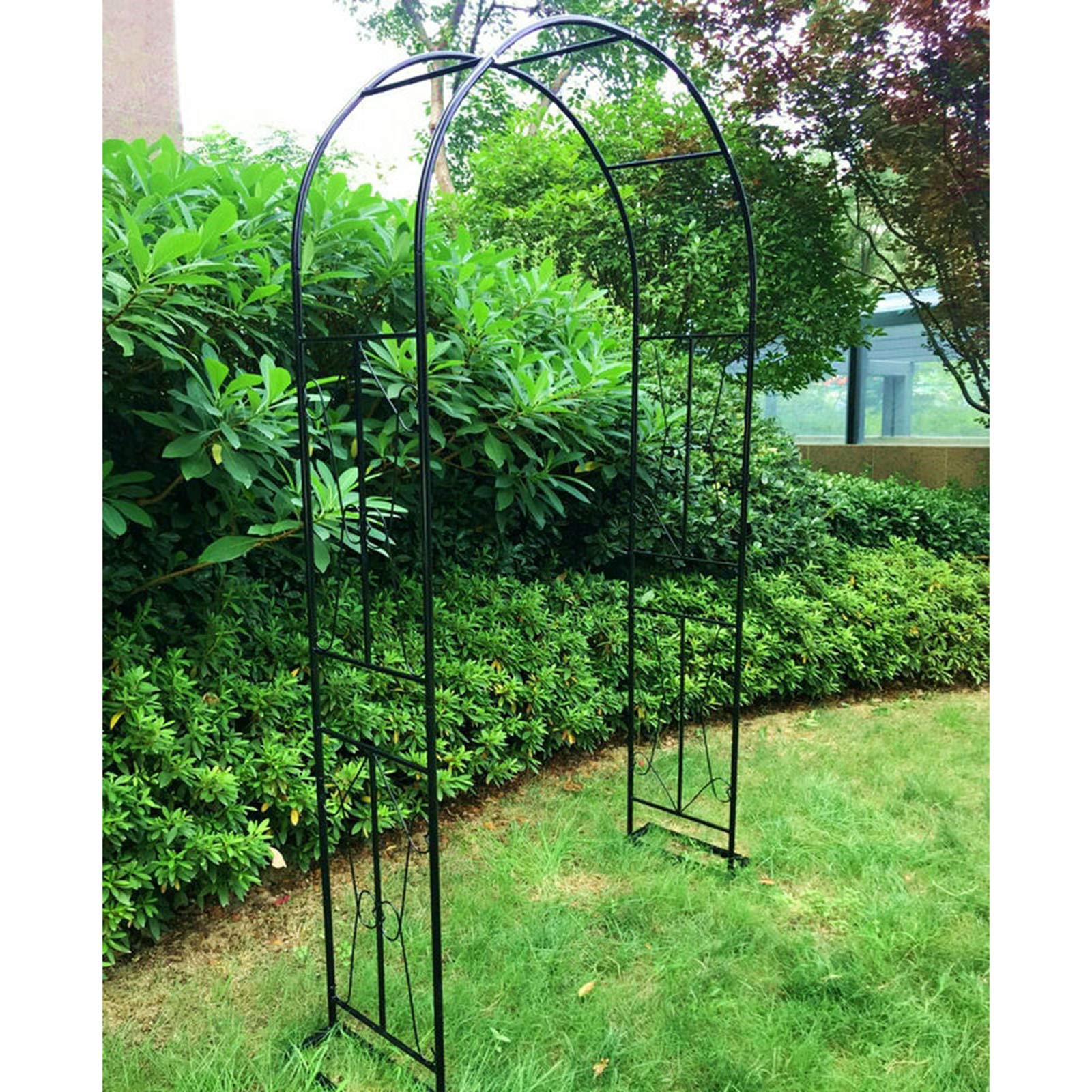 7.9ft Tall Wrought Iron Flower Arch Trellis for Climbing Plants - Outdoor Garden Arbor Pergola with Base, Weather-Resistant Black & White Metal Decoration - Perfect for Vine Support, Wedding Backdrops, and Patio Landscaping