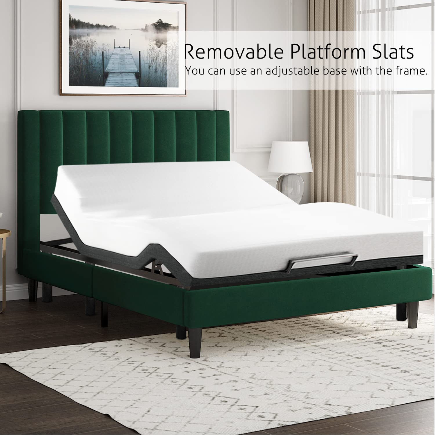Luxury SHA CERLIN King Size Bed Frame - Velvet Upholstered Platform Bed with Headboard, Sturdy Wood Slat Support, No Box Spring Required (Emerald Green) | Perfect for Master Bedrooms, Guest Rooms & Modern Apartments