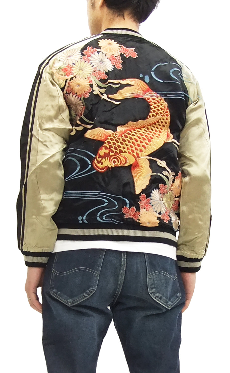 Men's Japanese Souvenir Jacket - Hanatabi Gakudan Koi Fish Carp Sukajan Bomber (SSJ 503) | Vintage Asian Streetwear for Casual & Festival Outfits