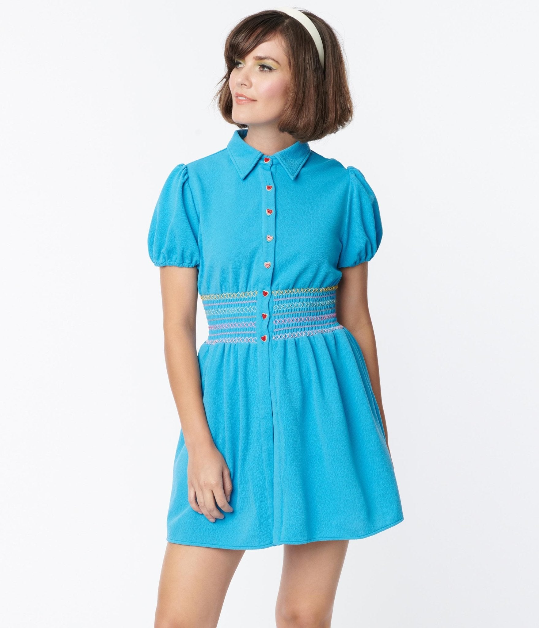 Smak Parlour Blue & Rainbow Smocked Babydoll Blouse - Women's Vintage Style Top for Casual Wear & Summer Outfits