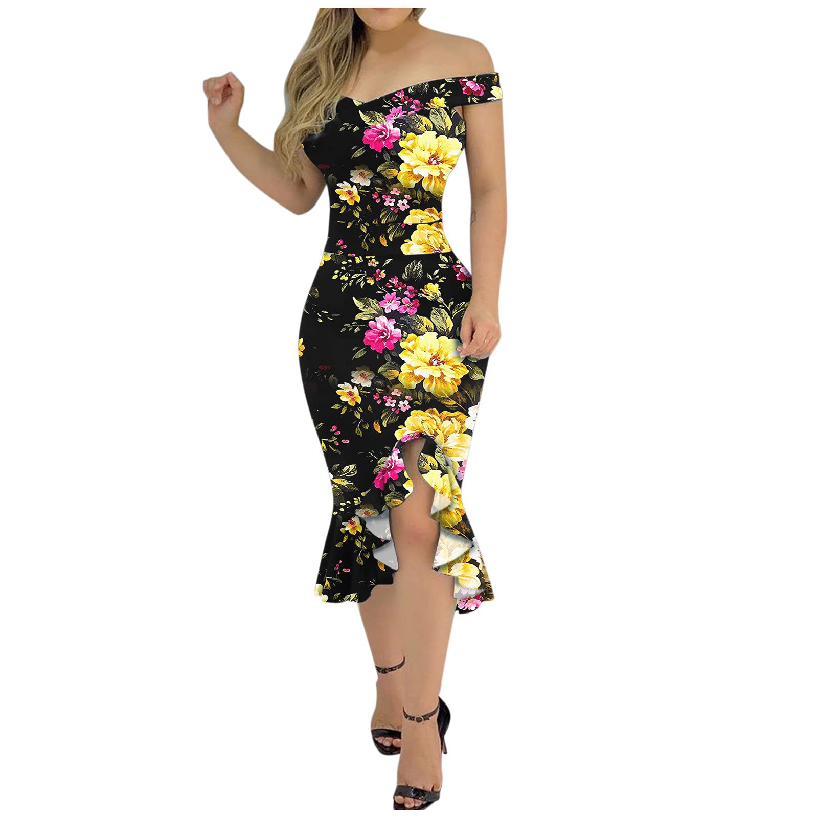 Women's Vintage Trumpet Dress - Low Cut Off Shoulder Midi Dress with Ruffle & Irregular Hem | Wedding Guest Dress, Summer Party Outfit, Cocktail Attire