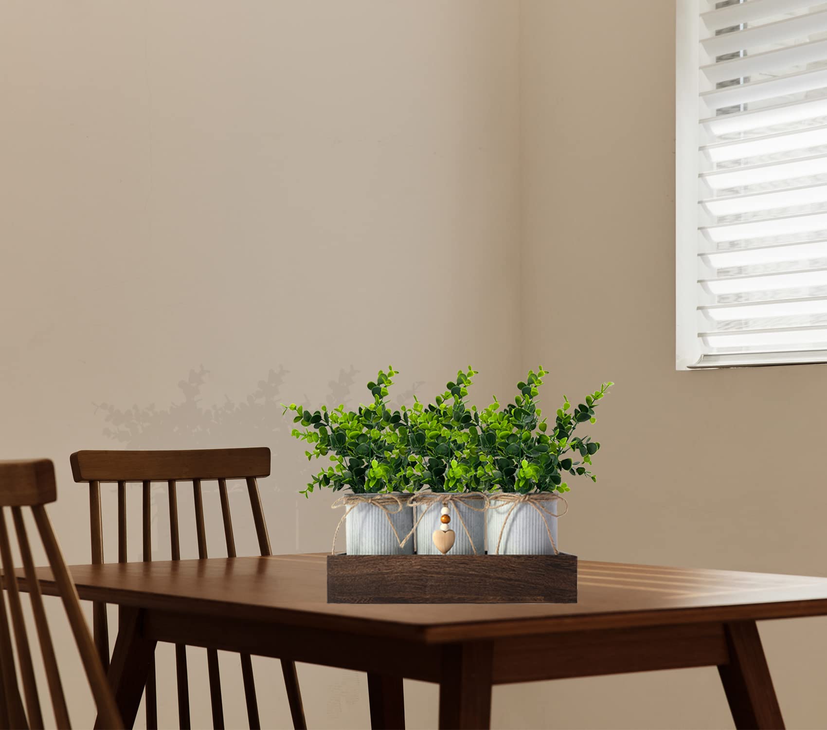 Frosty Green Eucalyptus Artificial Flower Arrangement with 3 Rustic Metal Pots & Wood Tray - Farmhouse Table Centerpiece for Wedding, Dining Room, and Home Décor