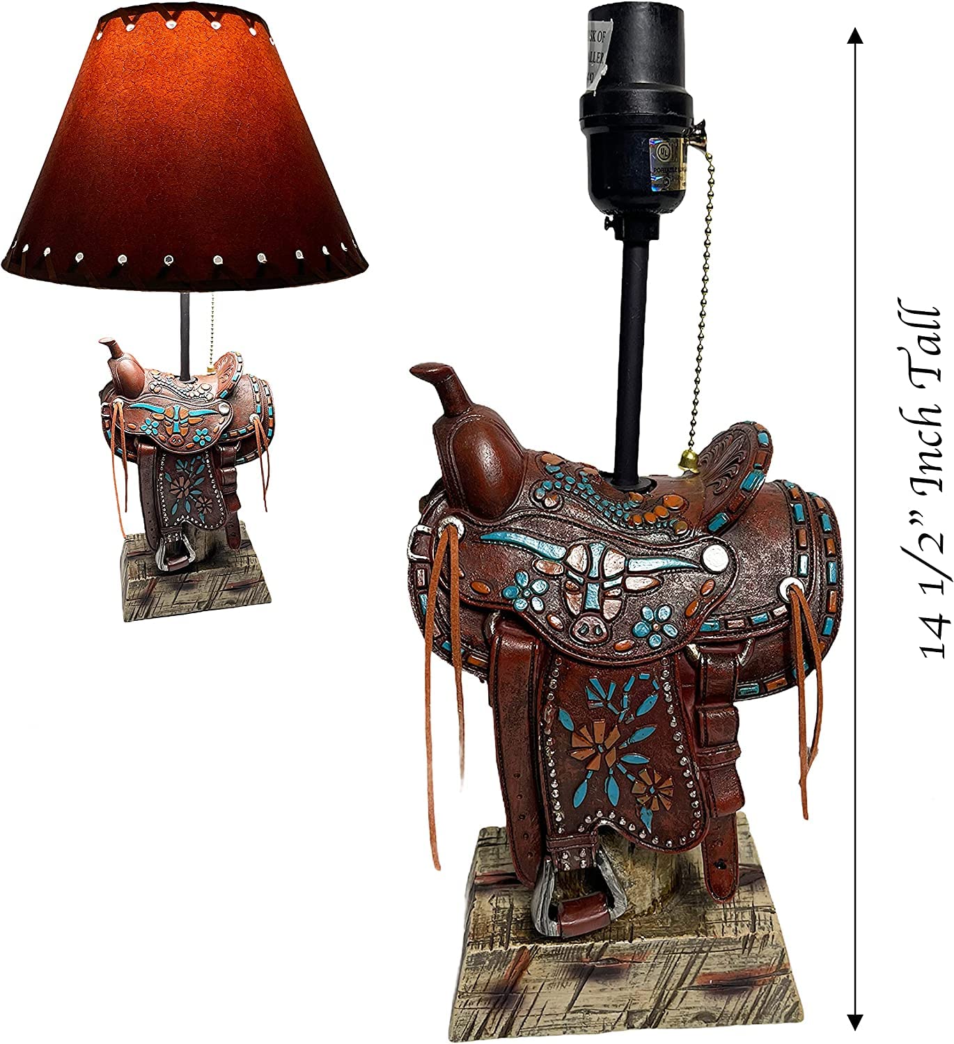 Western Cowboy Brown Teal Saddle Longhorn Roper End Table Lamp - Western Decor, Nightstand Lamp for Bedroom, Living Room, Office - Rustic Home Lighting with Longhorn Design