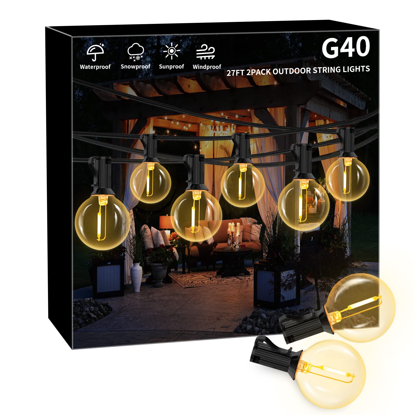 54FT Outdoor String Lights 2 Pack - 27ft Shatterproof Waterproof G40 LED Bulb Lights for Patio, Backyard, Porch, Balcony, Gazebo | Perfect for Romantic Dinners, Garden Parties & Outdoor Weddings