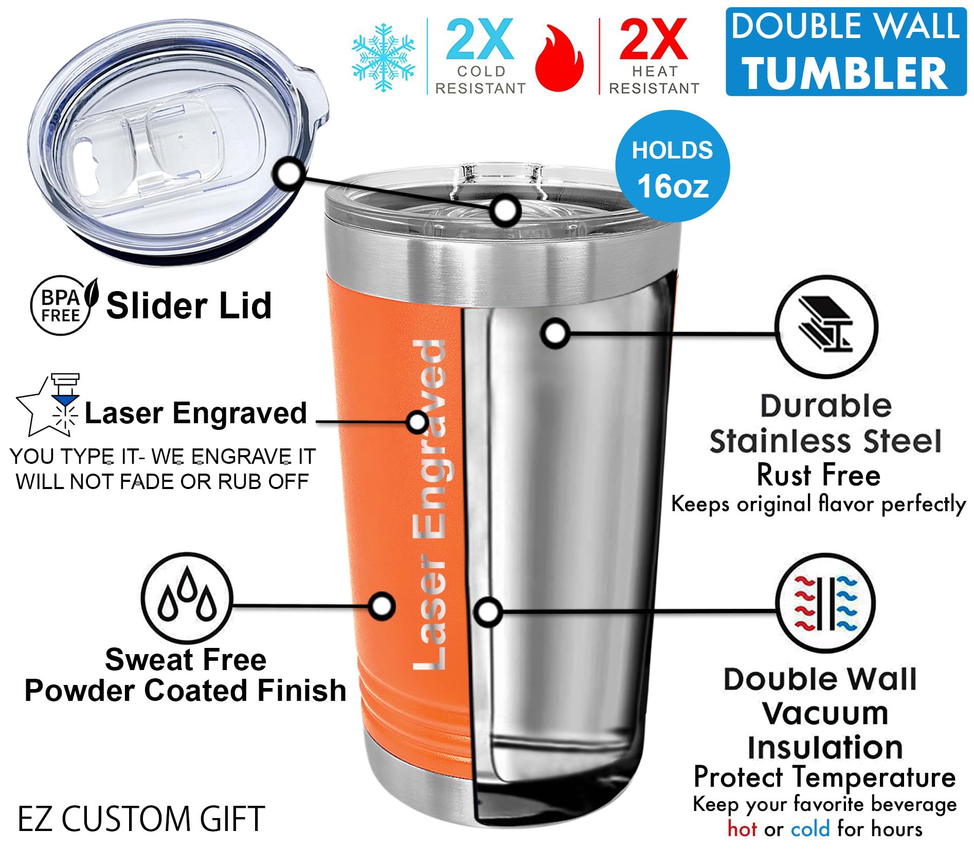 Custom Personalized 16 oz Vacuum Insulated Tumbler with Straw & Slide Lid - Engraved Name Text - Perfect for Birthday, Wedding, Anniversary & Corporate Gifts - Ideal for Coffee, Tea & Cold Drinks On-The-Go (Orange)