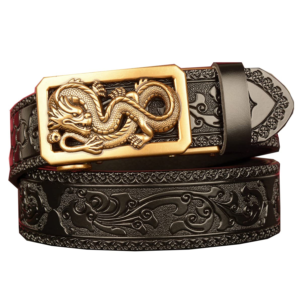 Men's Dragon Carved Leather Belt - Retro Ethnic Style Automatic Ratchet Buckle - 130CM Black Dress Belt for Business Casual Wear - Perfect for Office, Parties & Formal Events