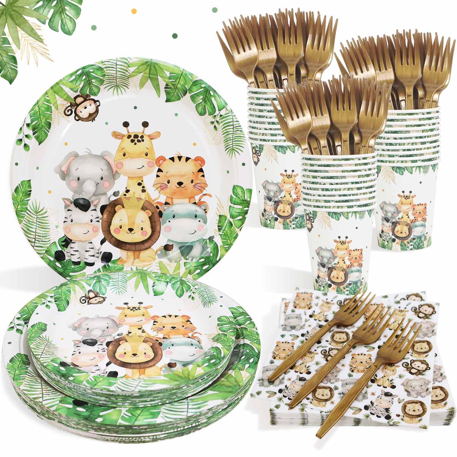 Heboland 125-Piece Safari Jungle Theme Party Supplies Set - Paper Plates, Cups & Napkins for 25 Guests | Baby Shower, Kids Birthday & Jungle Themed Events | Durable Disposable Tableware for Outdoor Parties & Family Gatherings