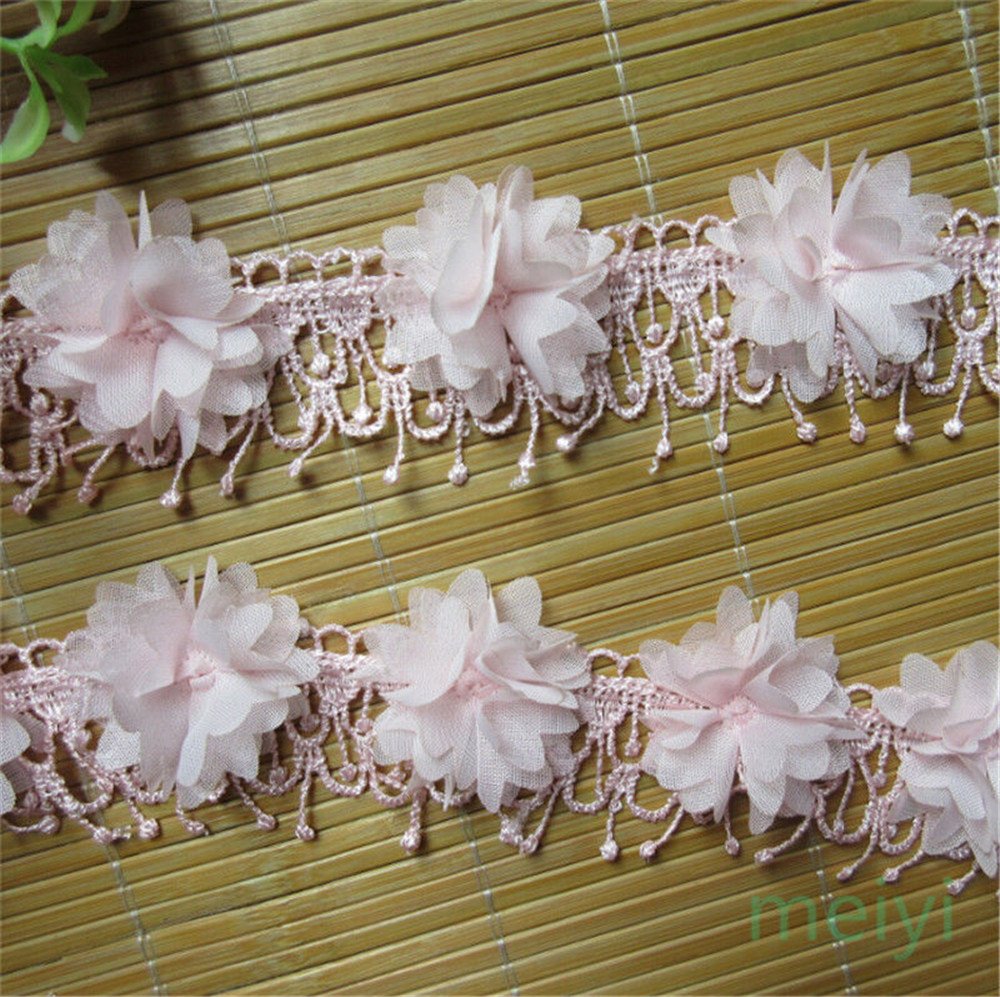 2 Meters 3D Chiffon Flower Tassel Fringe Lace Trim Ribbon - 5cm Wide Vintage Pink Embroidered Fabric for Wedding Dresses, Bridal Gowns, DIY Sewing Crafts & Home Decor Embellishments