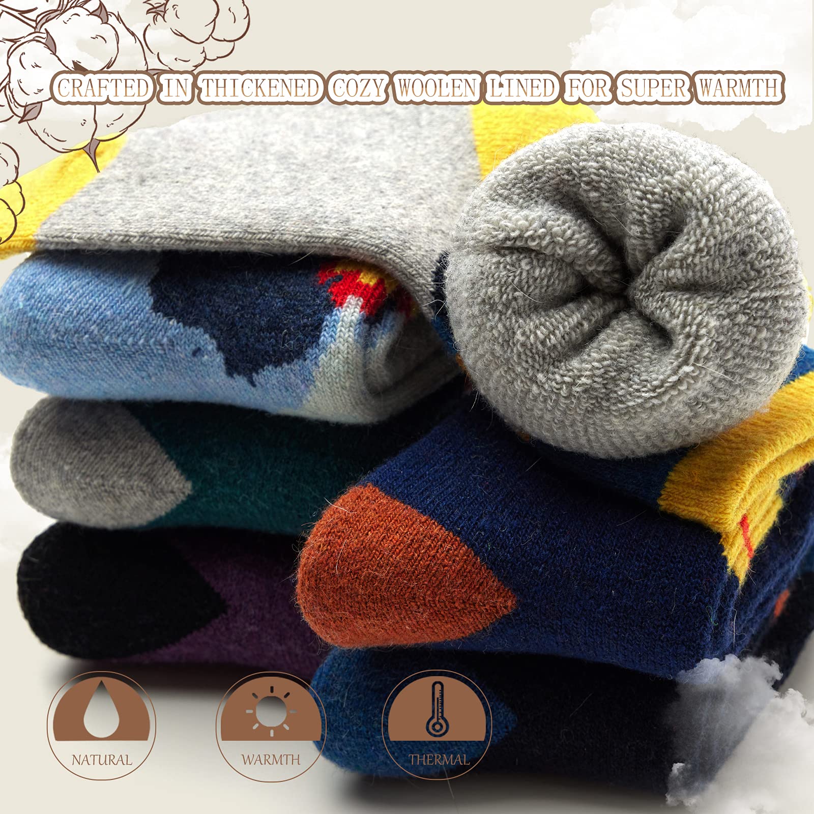 Boys Wool Socks - 6 Pairs Thick Thermal Winter Crew Socks for Kids - Warm & Cozy for Snow Days, Outdoor Activities & Cold Weather
