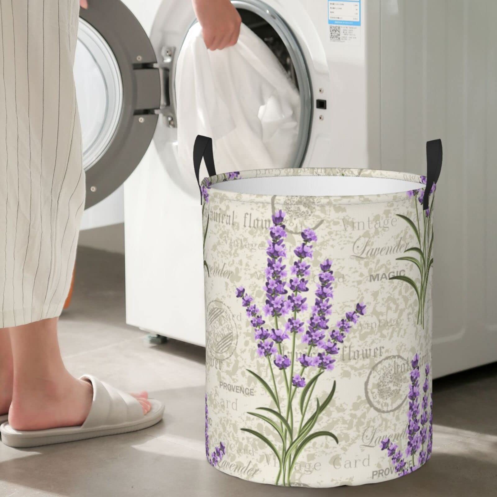 Lavender Flower Laundry Hamper Basket - Collapsible Dirty Clothes Storage Bin for Bedroom, 16.5