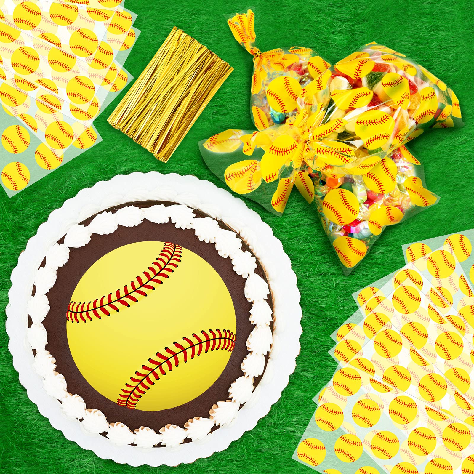 100 Pcs Softball Party Favor Bags with 200 Gold Twist Ties - Themed Plastic Goodie Bags for Snacks, Treats & Gifts - Perfect for Birthday Parties, Team Celebrations & Sports Events Decorations